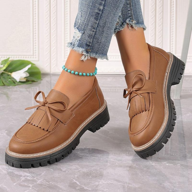 Women's Wide Width Loafer Flats, Tassel & Bowknot Chunky Heel Oxfords, European Style Winter Shoes for Women