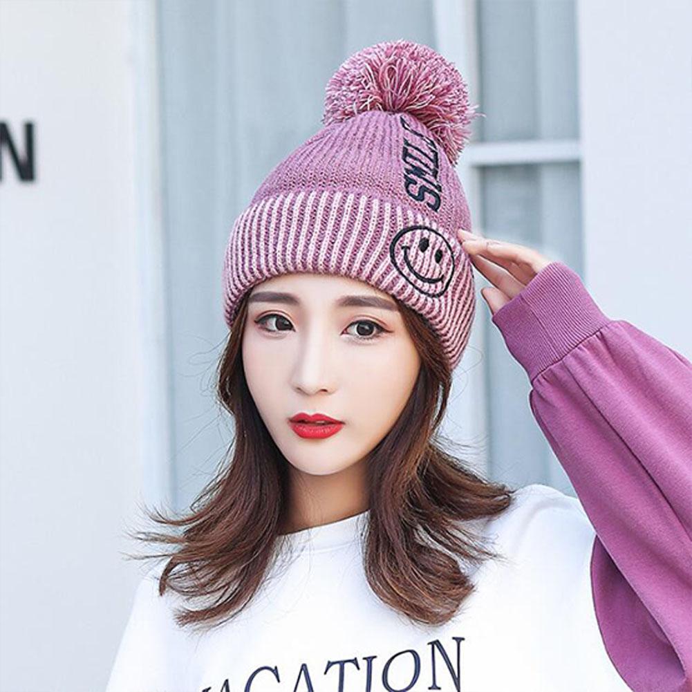 Winter Lady Cute Thicken Beanie Knitting Wool Ball Embroidery Simile Fashion Warm Hat Bonnet