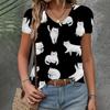 Летняя новая футболка женская одежда свободная повседневная с коротким рукавом модный топ с принтом кота V-образный вырез элегантная одежда женская футболка 2024