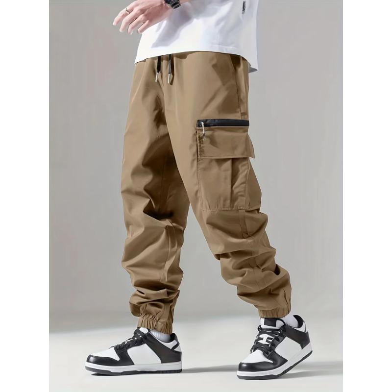 Men Drawstring Elastic Waist Zipper Pocket Cargo Pants Ankle Cuffed Jogger Casual Street Trousers