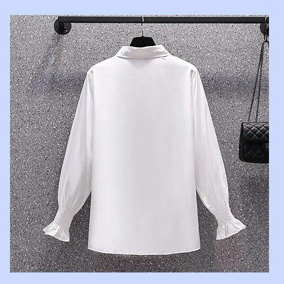 Women Fall Vintage Fat MM Long Sleeve White Pullover Blouse Knit Vest Two Pieces Set