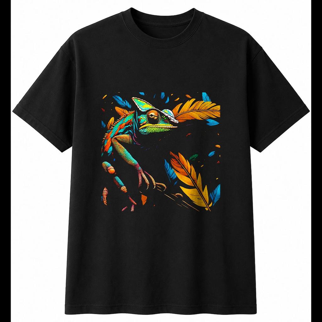 Chameleon with Feathers Reptile Mens T-Shirt Black 100% Cotton Animal Printed