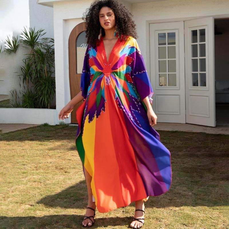 Женская мода весна осень цветные блоки принт длинный рукав V-образный вырез свободная талия повседневные платья