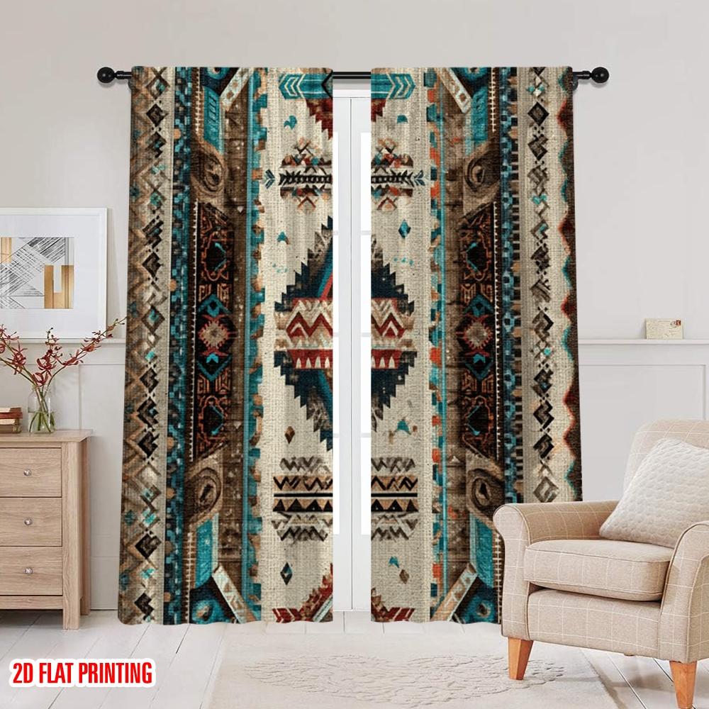 2D flat printing 2pcs Window Drapes Aztec Southwestern Native Fabric  Without Electricity Festive Backdrops Use for Office