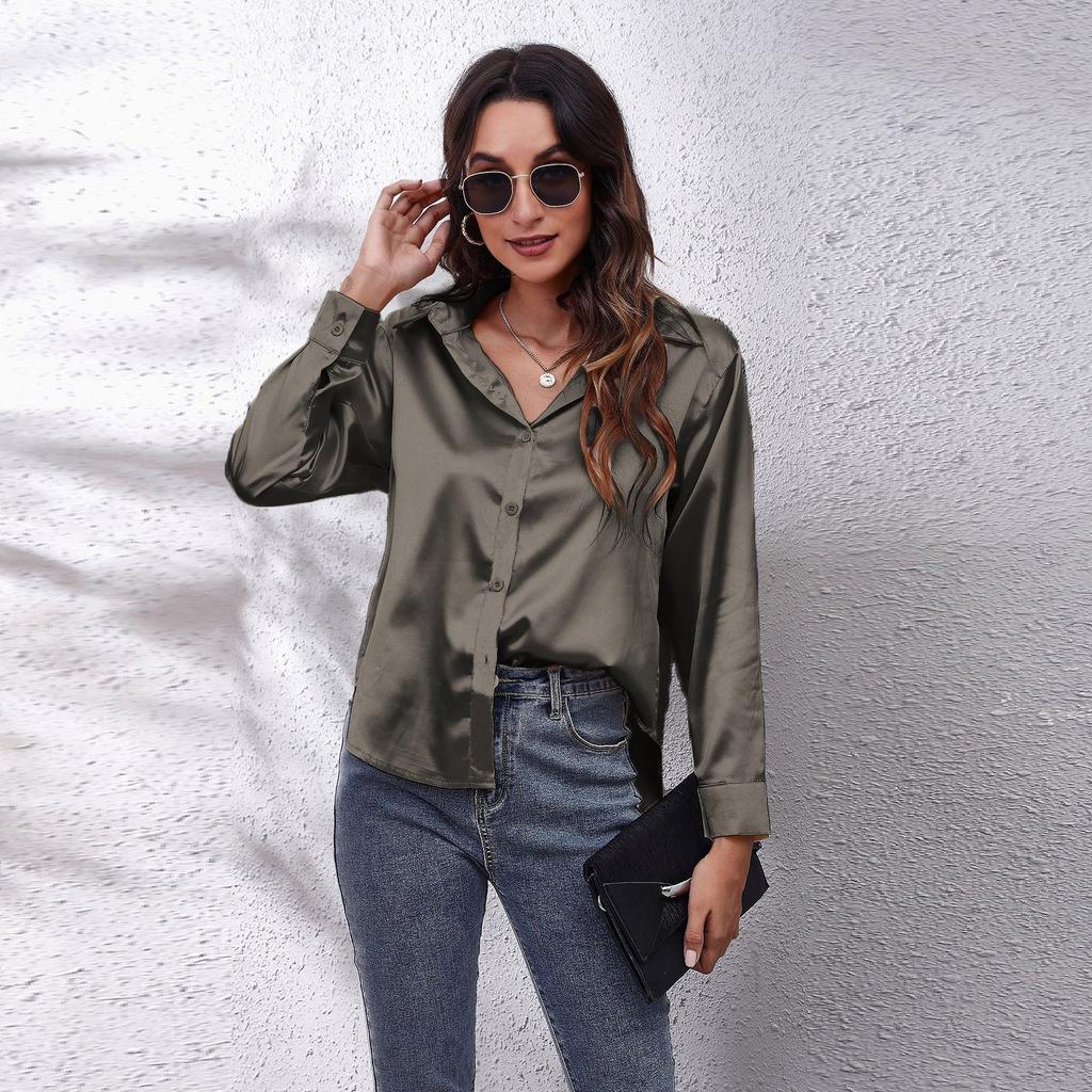 Повседневная блузка с длинными рукавами из атласной имитации шелка с завязками спереди