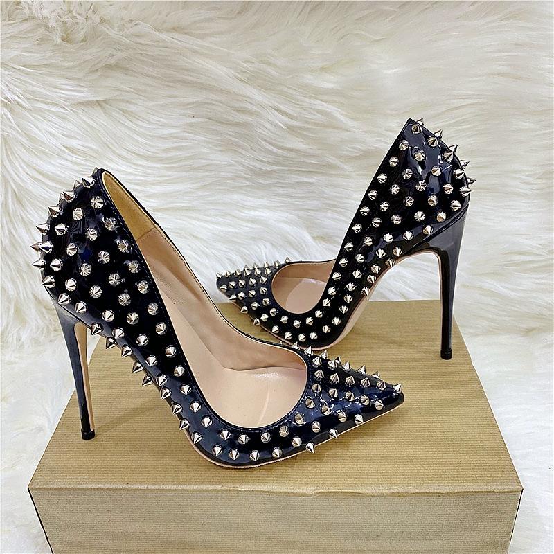 Модные женские туфли на высоком каблуке с заклепками черного цвета, сексуальные туфли с заклепками, подходят для вечеринок и клубов.