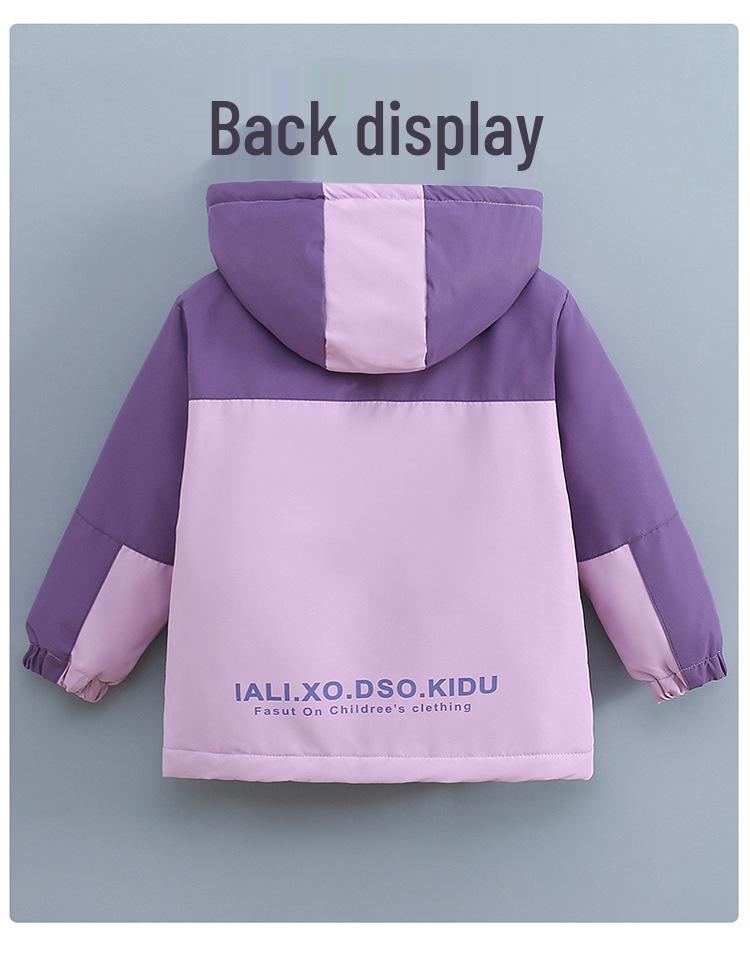 Girls' Fleece-Lined Color Block Windbreaker Jacket, Spring/Autumn, Thick, Windproof, for Medium & Large Children