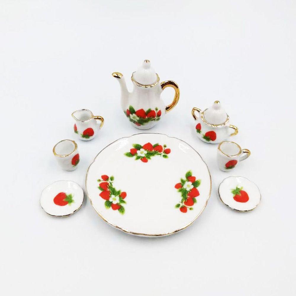 Floral Print Doll Porcelain Tea Set Dish Plate Miniature Cups Pot Pretend Play