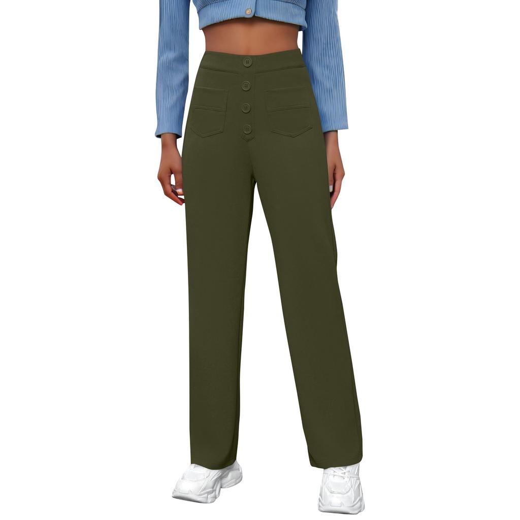Женские повседневные прямые брюки с высокой талией и пуговицами, эластичные деловые рабочие брюки с несколькими карманами