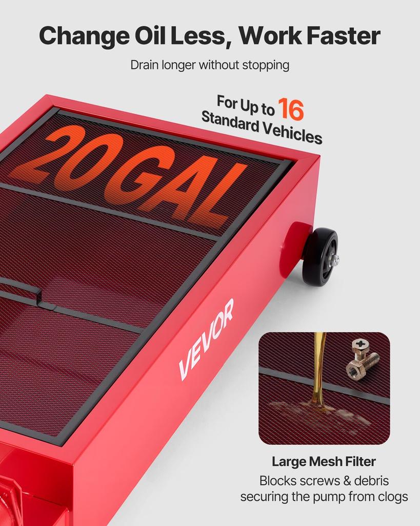 Low Profile Oil Drain Pan, 75.7 L Capacity, Rolling Oil Drain Pan with Manual Pump, 2.2 m Hose & T Folding Handle, Leak-proof & Corrosion-resistant,