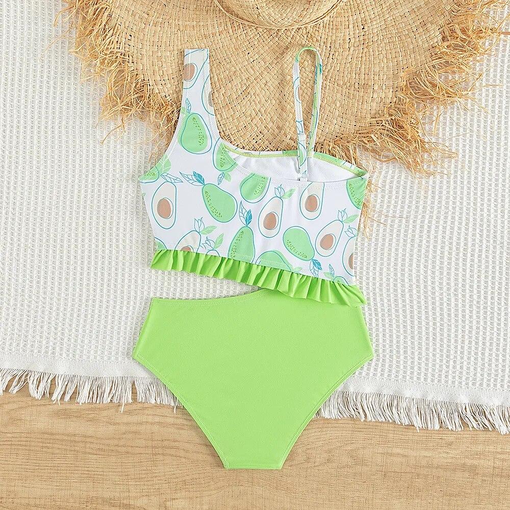 Avocado Printed Green Girls One Piece Swimsuits 5-14 Years Lemon Print Yellow Children Swimwear Kids Bathing Suit Beachwear