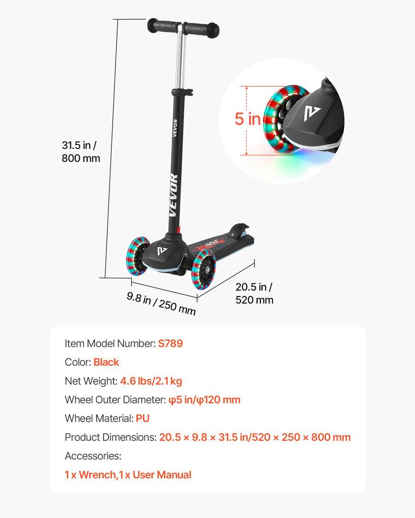 VEVOR Kick Scooter for Kids Ages 3+, 3-Wheel Toddler Scooter with Light-Up Wheels, Adjustable Height Handlebar, Wide Anti-Slip Deck