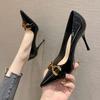 Fashion Metal Buckle Slip-on High Heels Autumn New Pointed Toe Shallow Mouth Anti-slip Wear-resistant Stiletto Shoes