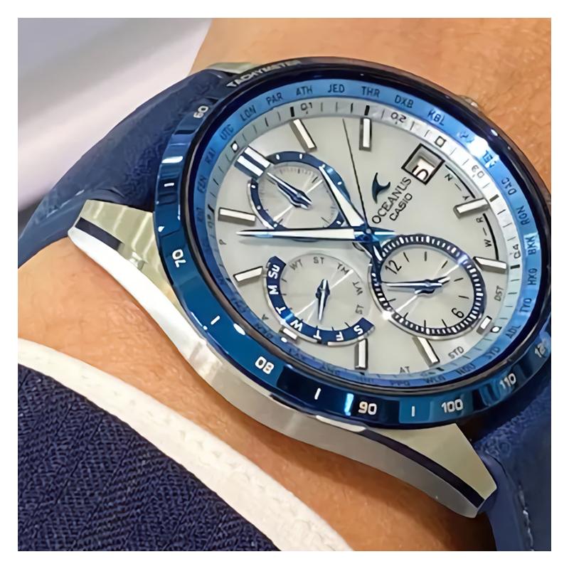 Casio Серия OCEANUS - многофункциональный циферблат-диск, кварцевый механизм, кожаный ремешок, японские и корейские часы, мужские часы, синие OCW-T2600ALB-2AJR
