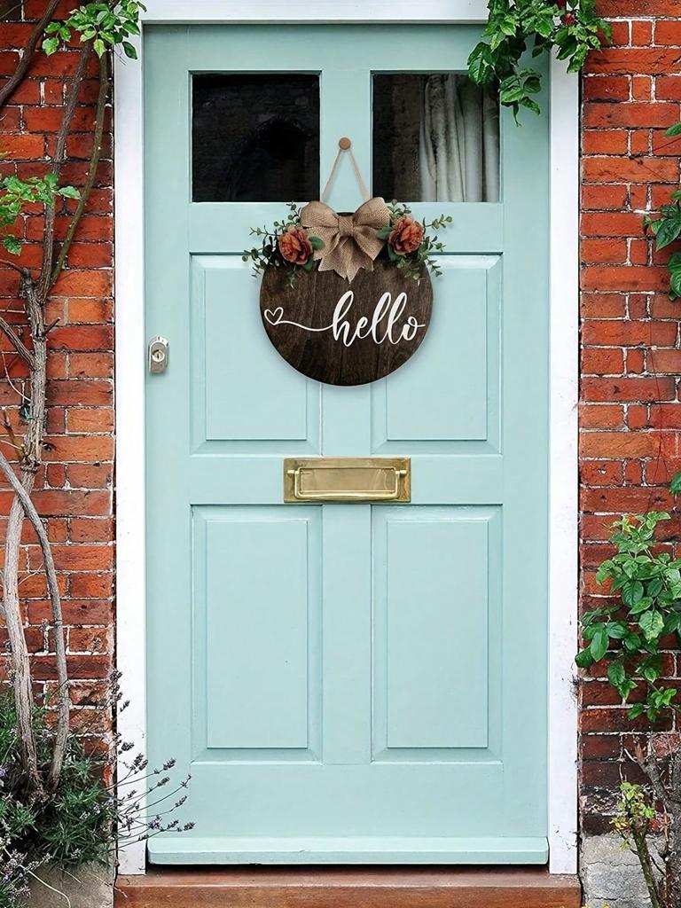 1 Piece Wooden Round Hello Welcome Wreath Sign Hanging Decorating Front Door, Farmhouse Porch Sign and Artificial Greenery