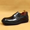 Туфли из глянцевой кожи с толстой подошвой и большим носом. Мужские черные деловые повседневные туфли с квадратным носом и одной педалью.