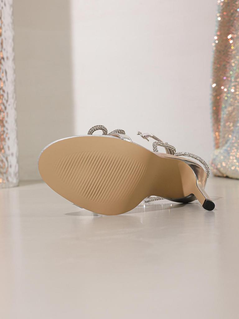 Летние серебряные босоножки на шпильке с бантом из страз 2025 - Римские ремешки, Универсальные высокие каблуки