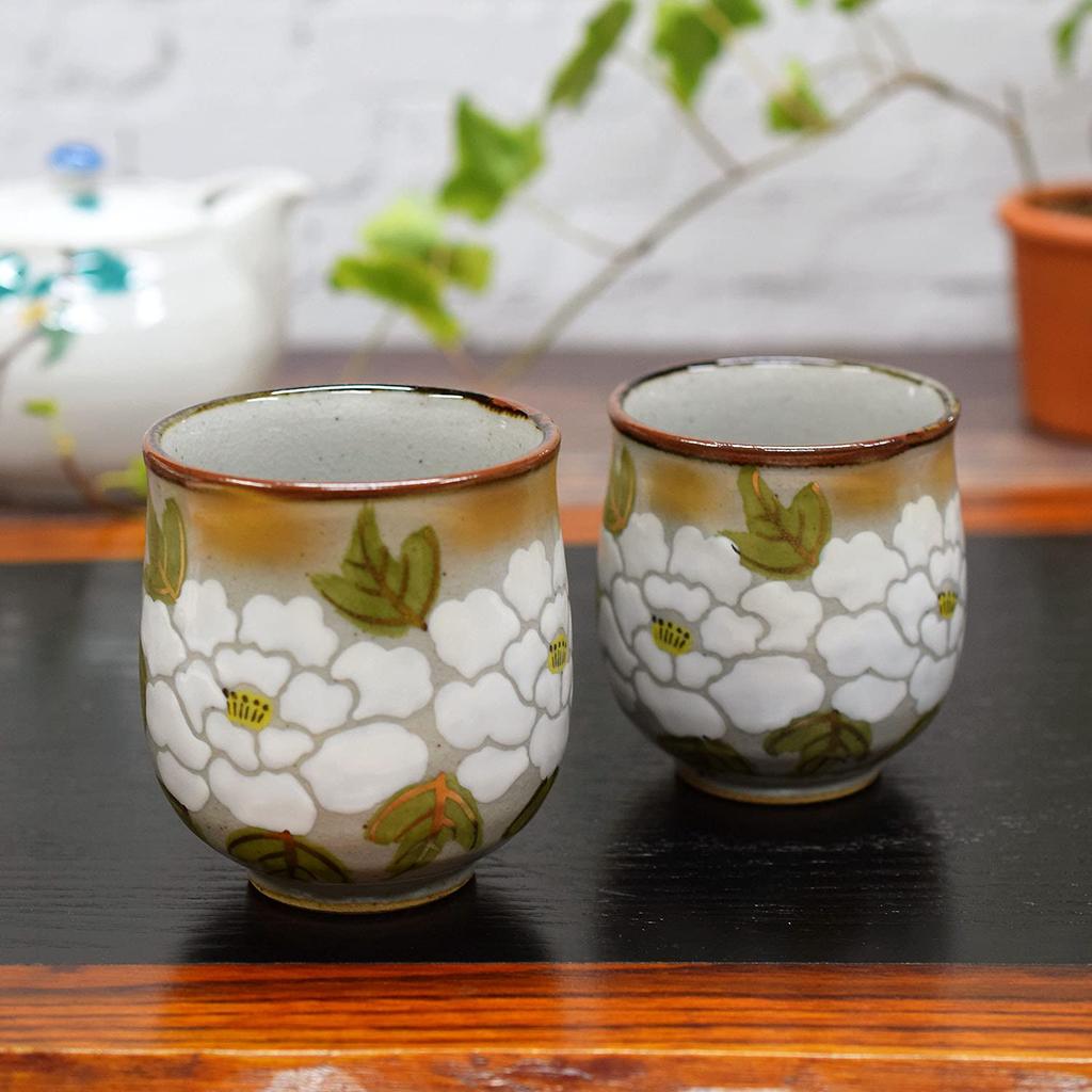 Stylish Pair of Kutani Ware Teacups with a White Peony Made In Perfect As a Gift for Wedding and 88th Design. Japan. Anniversaries, 60th, 70th, 77th,
