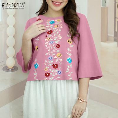 Женская повседневная блузка с круглым вырезом и рукавом 3/4 с цветочным принтом