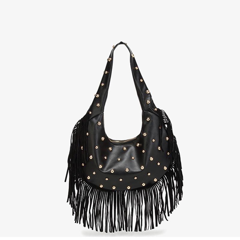 Yogodlns Модная женская сумка подмышку с индивидуальностью, ретро, с кожаной текстурой, с кисточкой и заклепками, универсальная, простая, трендовая наплечная сумка