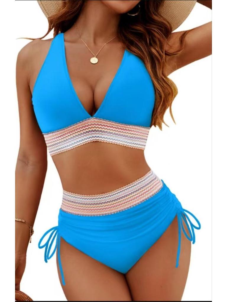 Женский купальник с глубоким V-образным вырезом, высокой талией и разрезом - Сексуальное облегающее бикини