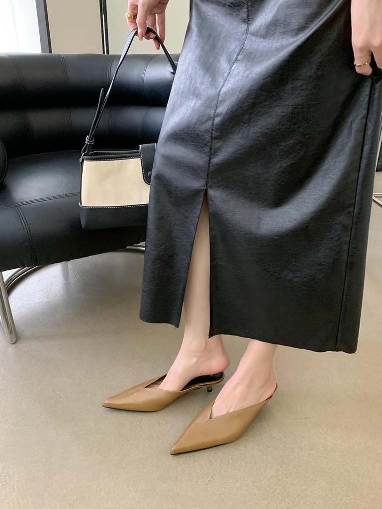 Модные женские туфли-слайды с острым носком, новинка 2024 года, модные туфли на открытом воздухе на тонком низком каблуке, бежевые, коричневые, черные туфли-лодочки для вечеринок 39