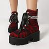Mixed Colors Printed Denim Cross Tie Metal Chain Punk Short Boots Side Zippers Sponge Cake Thick Sole Height Increasing Boots