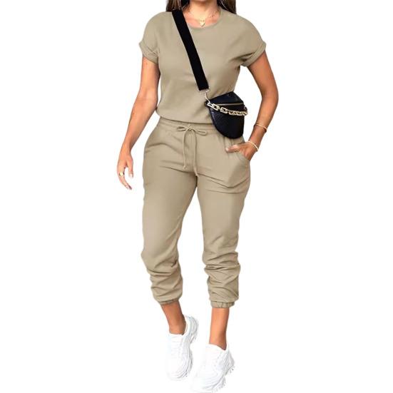 Женский спортивный костюм с коротким рукавом Yousheng, повседневный топ с круглым вырезом и джоггеры на шнурке с карманами, женский спортивный комплект из двух частей