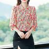 Шифоновая рубашка с рукавом 3/4 и цветочным принтом, женская мода, уменьшающая возраст, топ для мамы, воротник-стойка, блузка с принтом, M-4XL