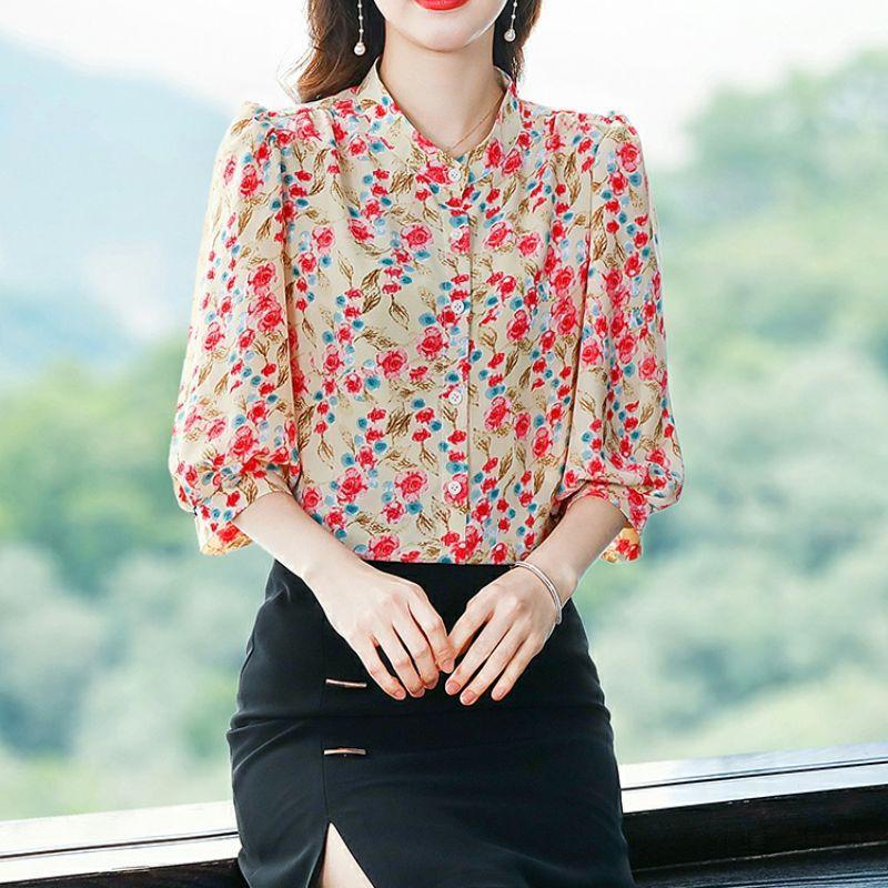 Шифоновая рубашка с рукавом 3/4 и цветочным принтом, женская мода, уменьшающая возраст, топ для мамы, воротник-стойка, блузка с принтом, M-4XL