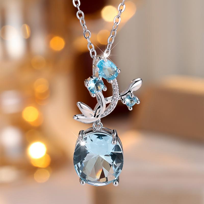 Модное овальное ожерелье с подвеской из небесно-голубого циркония для женщин, серебряное ожерелье с цепочкой, хрустальные свадебные украшения для вечеринок, подарки