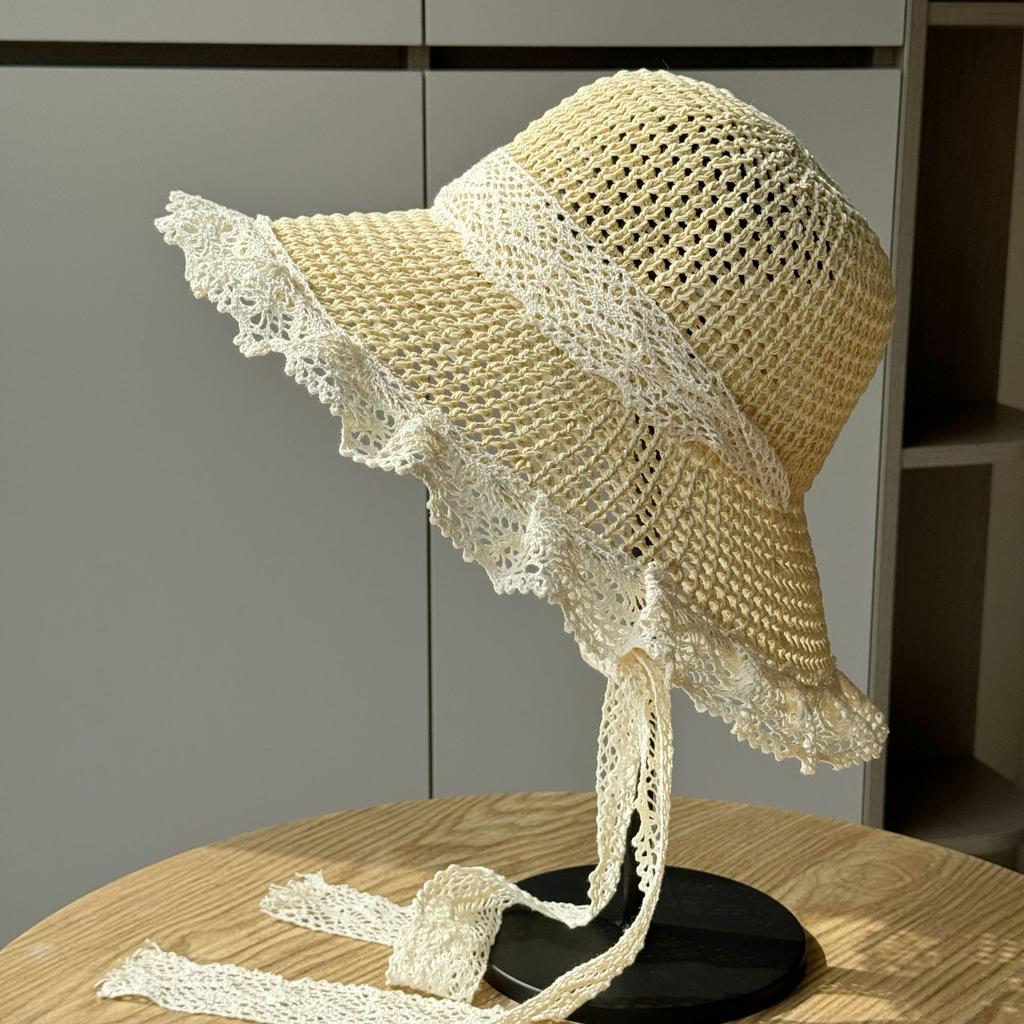 Шляпа из соломы с кружевом и ленточками, женская, весна-лето, дорожная, солнцезащитная, пляжная, пляжная, солнцезащитная шляпа, козырек от солнца