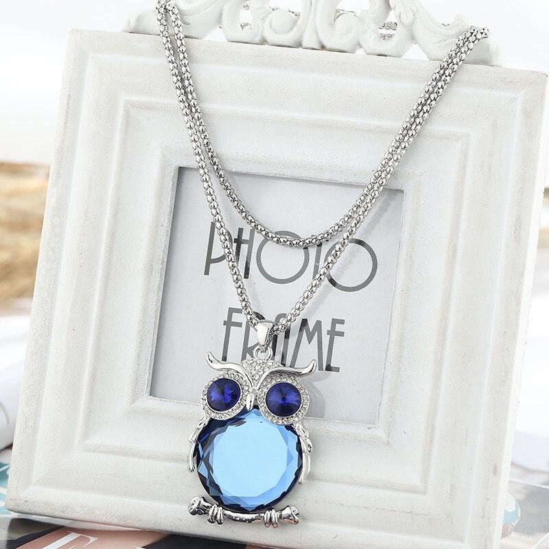 Винтажное длинное ожерелье с кулоном в виде совы для женщин, 2021 модное ожерелье-свитер с кристаллами, цепочка-цепочка Collier Femme, серебряные ювелирные аксессуары