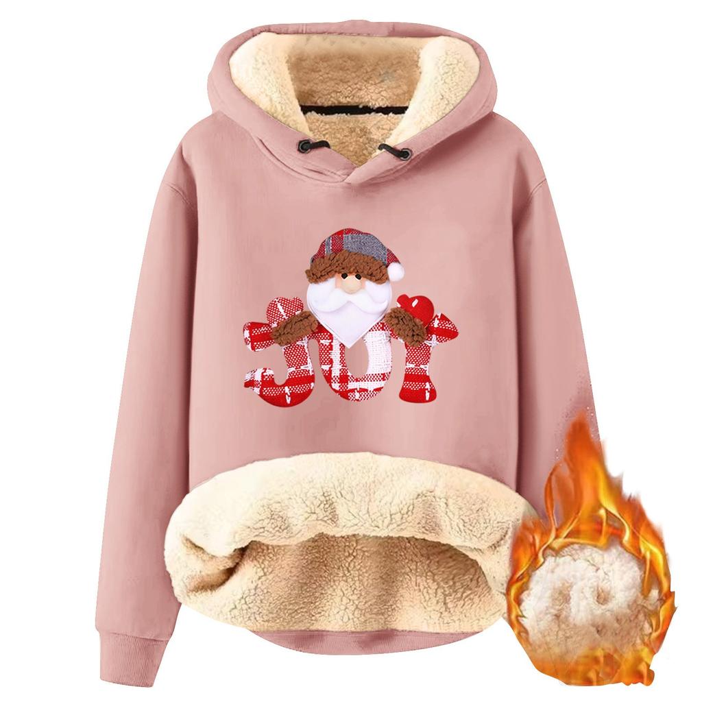 Женская модная флисовая теплая свободная толстовка с капюшоном и рождественским принтом
