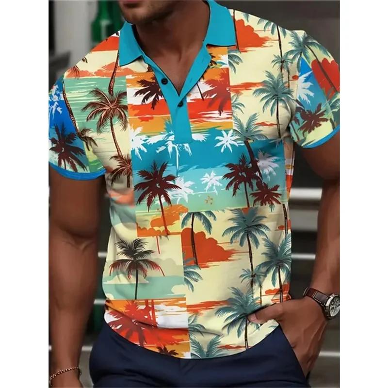 Summer Essential! Tropical Palm Print Short Sleeve Polo Shirt