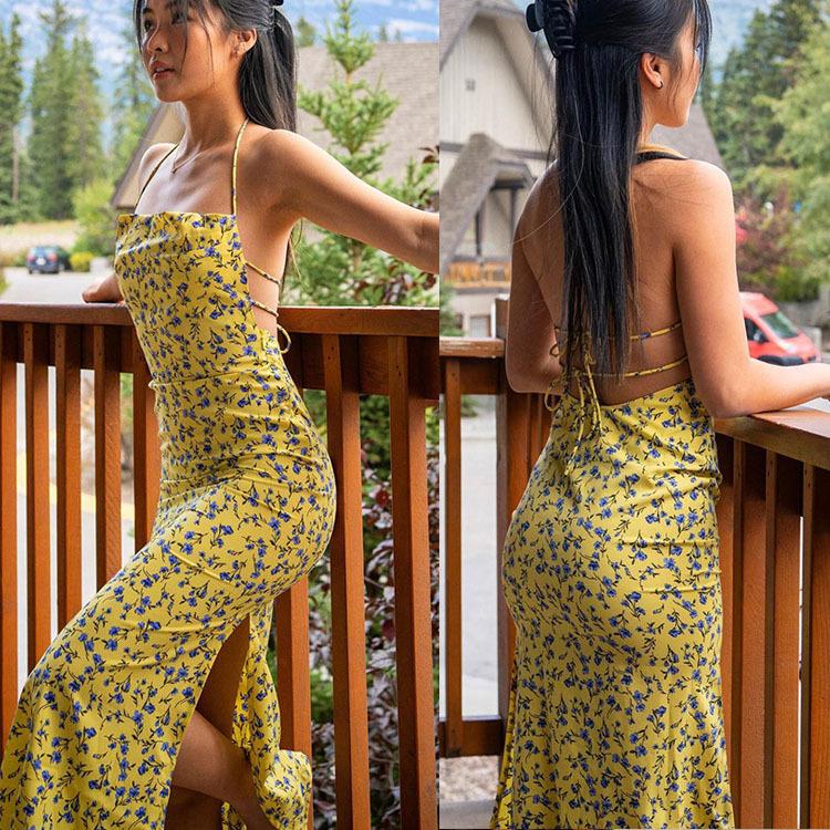Женское весеннее платье-комбинезон без рукавов с цветочным принтом и без бретелек, летнее повседневное облегающее платье-карандаш длиной до щиколотки с открытой спиной и высокой талией, с разрезом и вырезом-халтер, размеры S-XL