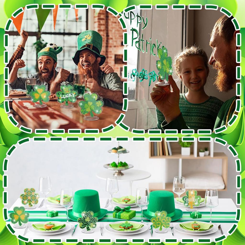 DoubleFill 9 Pcs St. Patrick's Day Diamond Painting Table Decor Double Sided Shamrock Diamond Art Kit Tabletop Signs Glow in The Dark Irish Green