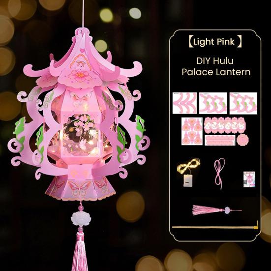Handmade Chinese Traditional Lantern Kit Handcrafted Handheld 3D Hollow Chinese Palace Lantern with Lotus Tassel for Spring Festival Decoration