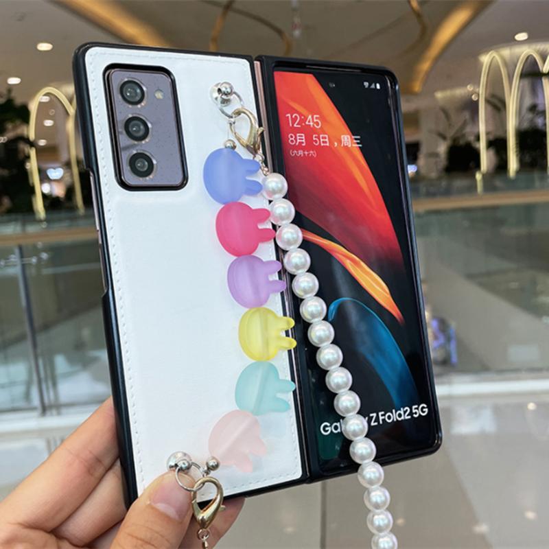 Luxury Fashion Cute Diy Flower Pearl Hand Chain Bracelet Case Cover For Samsung Galaxy Z Fold 3 2 5g Zfold 4 Leather Back Fundas