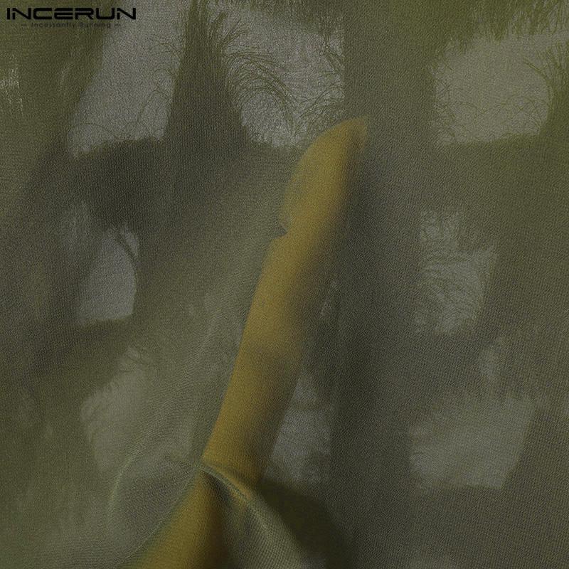 INCERUN Мужские рубашки с длинным рукавом и кисточками в стиле пэчворк с прозрачной сеткой