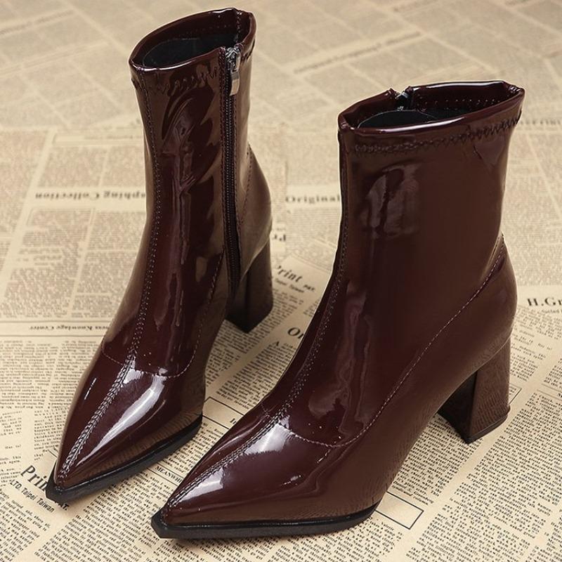 Brown Boots Women Round Toe Block Low Heel Chelsea Boots Black Slip On Patent Leather Ankle Boots Comfortable Non-slip Shoes