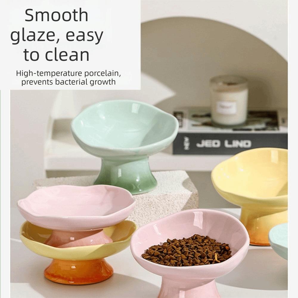 Flower Shape Ceramic Cat Bowl Anti-Tip Tall Footed Pet Food Water Feeders Anti-Slip Oblique Mouth Elevated Cat Bowl