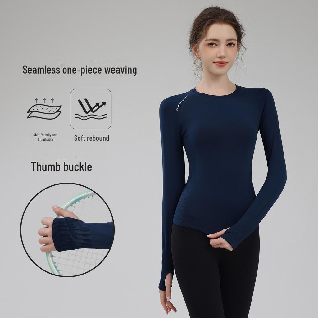 Женский облегающий топ с длинным рукавом для йоги и бега — быстросохнущий, дышащий, с круглым вырезом для тренировок осенью и зимой