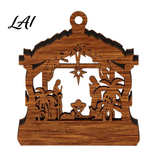 Multi Purpose Wood Decor 3D Wooden Light Up Christmas Ornament Layered House Tree Snowman Art Nativity Scene Hanging Decoration for Xmas Tree,