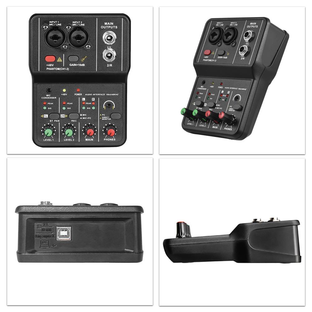 Аудиоинтерфейс Профессиональная звуковая карта для записи 16 бит/48 кГц Мини USB аудиоинтерфейс Звуковая карта 2 входа и 2 выхода с фантомным питанием 48 В USB-B кабель