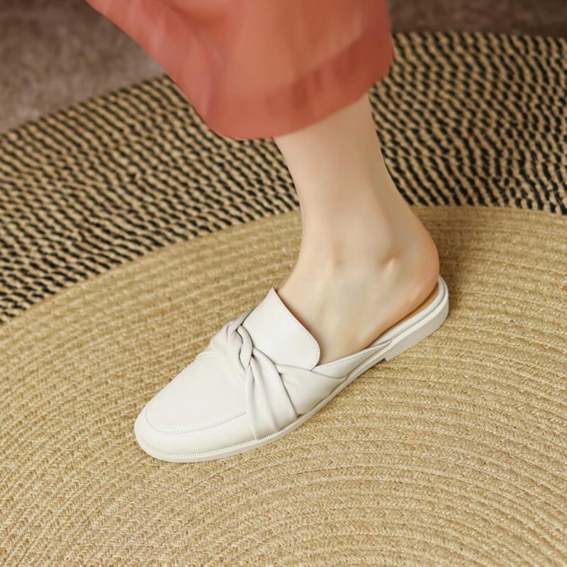 Fashion NEW Summer Women Mules Split Leather Shoes for Women Round Toe Low Heel Shoes Cover Toe Slingback Women Sandals Knot Slippers