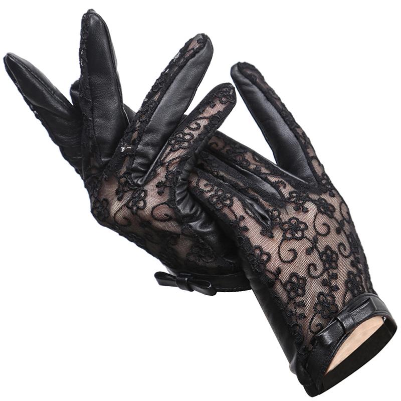 Кружевные кожаные перчатки Черные короткие перчатки из овчины