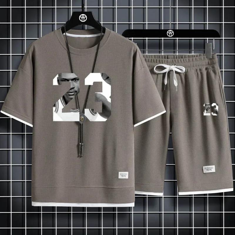 Мужской комплект из шорт с вафельным принтом, 2 шт. свободного кроя, спортивный костюм, стиль Харадзюку, летняя мода