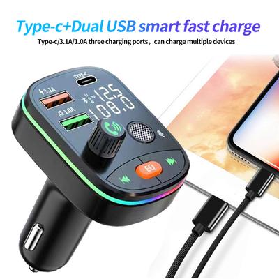 Bluetooth 5.0 Автомобильный FM-передатчик Dual USB 3.1A Type-C Автомобильное зарядное устройство Окружающий свет Автомобильный комплект громкой связи MP3-плеер Поддержка TF-карт AE