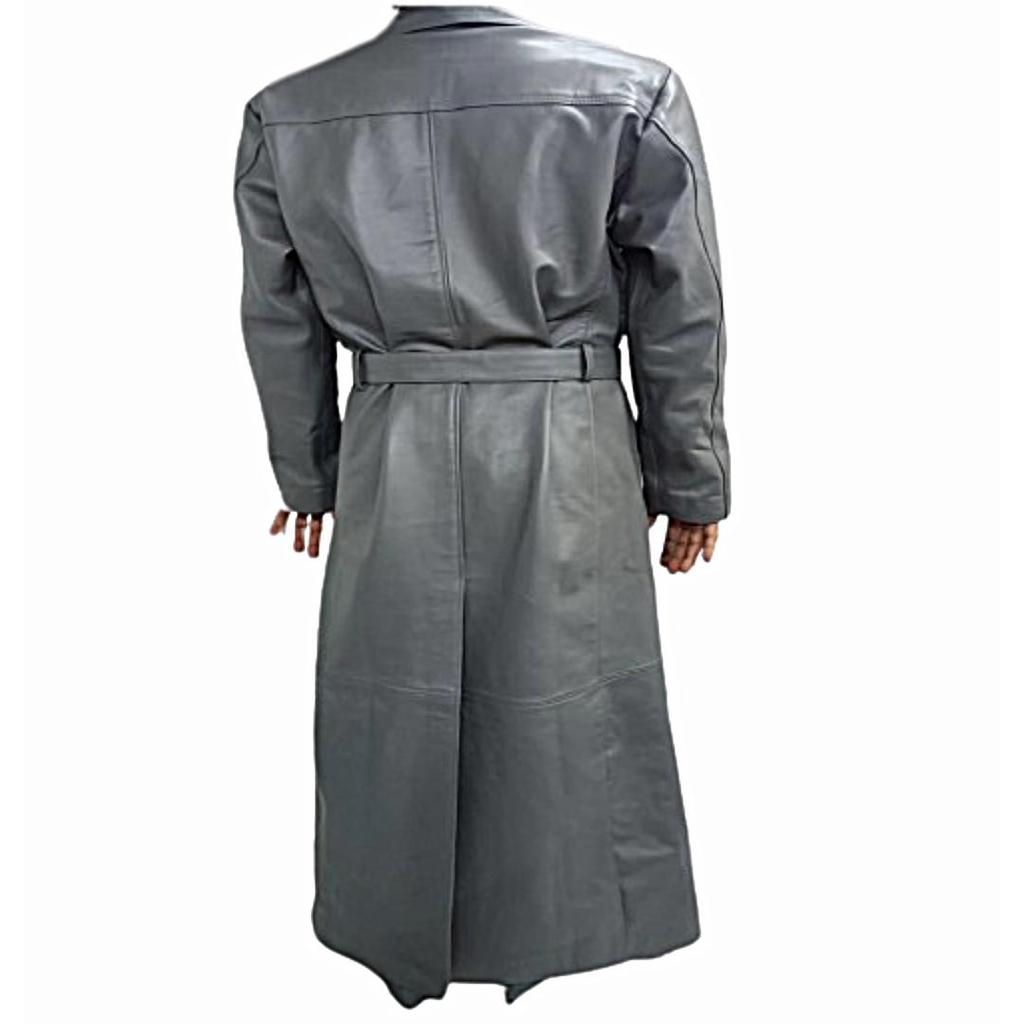 Мужская серая кожа из натуральной коровьей кожи, двубортный стиль, ремень воскового загара, длинная уличная одежда, плащ, длинный стильный плащ, подарок для мужчин